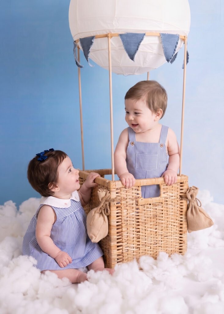 baby photography hot air balloon set up theme blue first birthday sitter milestone amman jordan twins studio indoor photoshoot