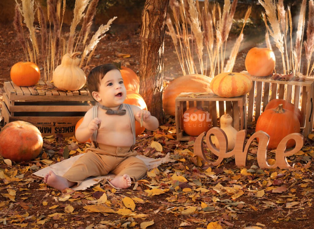 baby outdoor autumn fall setup 1 year old sitter boy pumpkin patch dry leaves orange yellow red squash