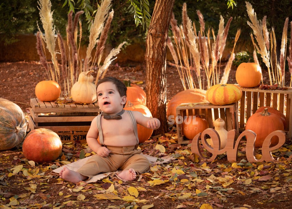 baby outdoor autumn fall setup 1 year old sitter boy pumpkin patch dry leaves orange yellow red squash