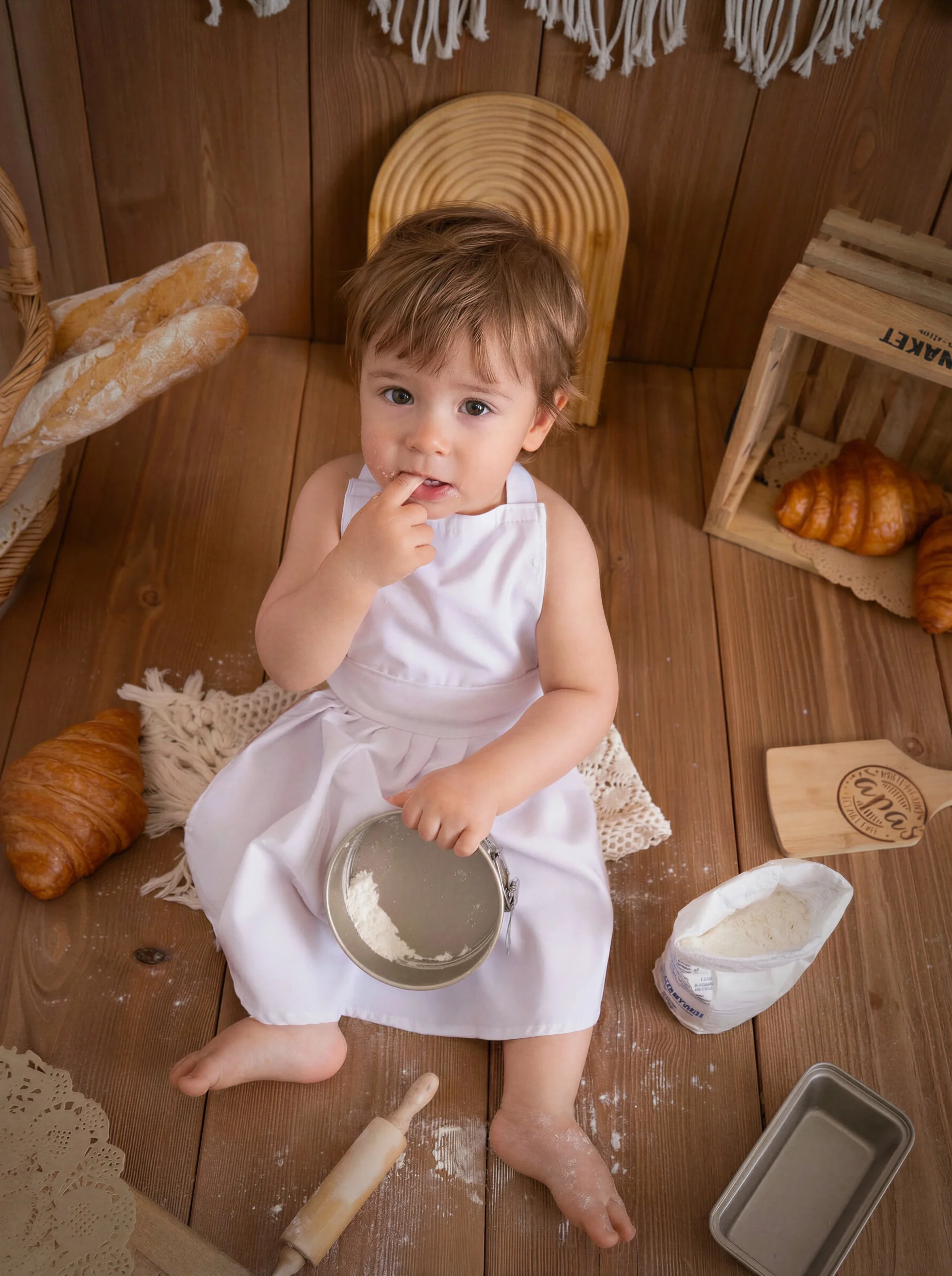 Warm cinematic image of a baby at a tiny wooden baker's stand with bread, flour, and baby-safe props