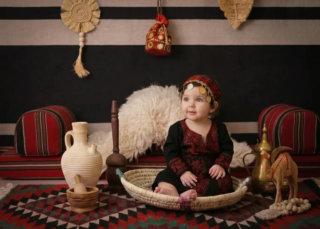 Baby in a bedouin tent setup during a heritage-themed photoshoot at Soul Studio in Dabouq, Amman