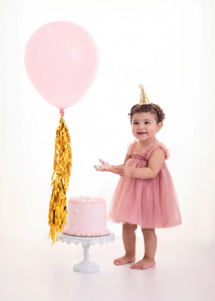 Elegant first birthday cake portrait with clean soft tones — baby photography in Amman
