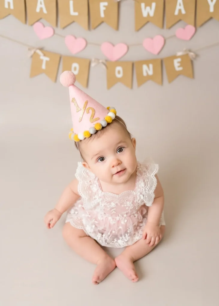 Half way to one milestone baby photoshoot with simple celebration styling in Amman