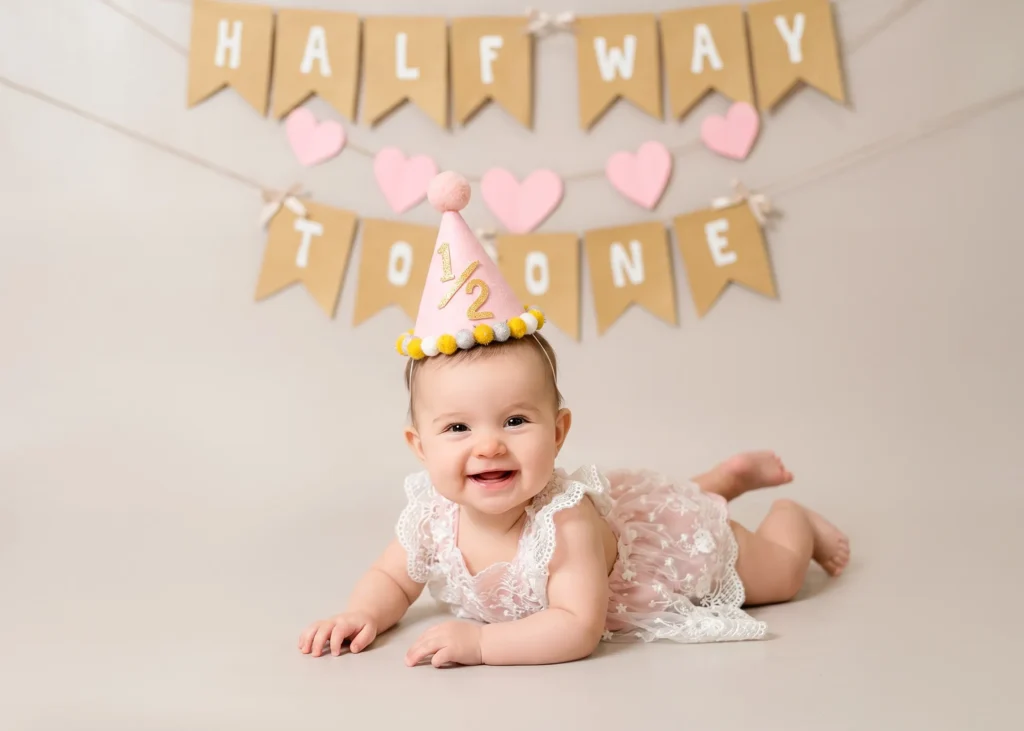 Baby celebrating a six-month milestone at a minimal studio photoshoot in Amman, Jordan