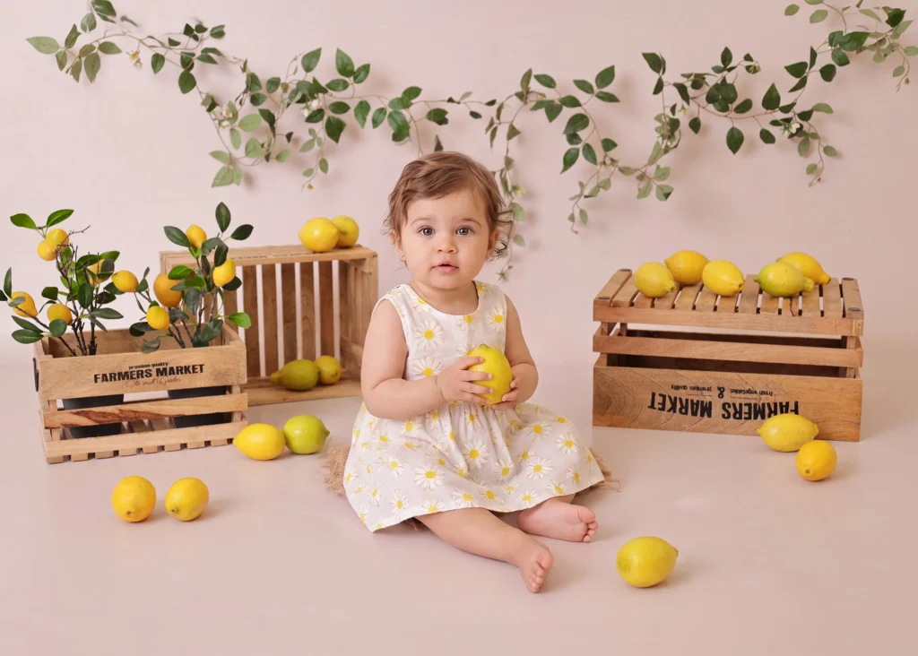 Baby in a lemon season setup during a seasonal fruits photoshoot at Soul Studio in Dabouq, Amman