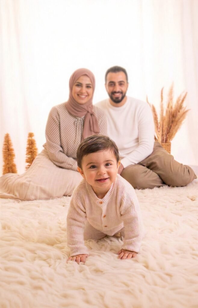Mother and father smiling behind their crawling baby at Soul Studio, Amman
